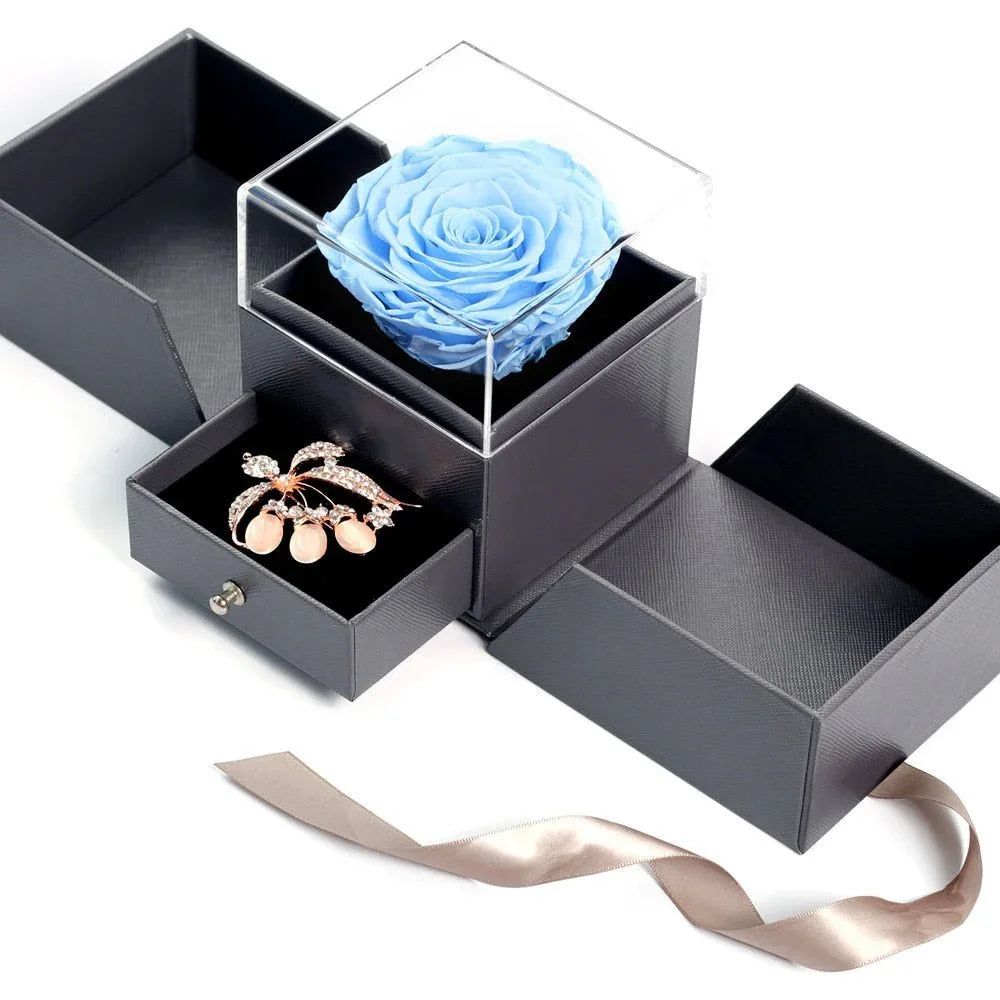 Boîte à Anneaux Fleurs éternelles Qaixwuyi - Roses Bleues En Acrylique | Cadeau Saint-Valentin, Mariage