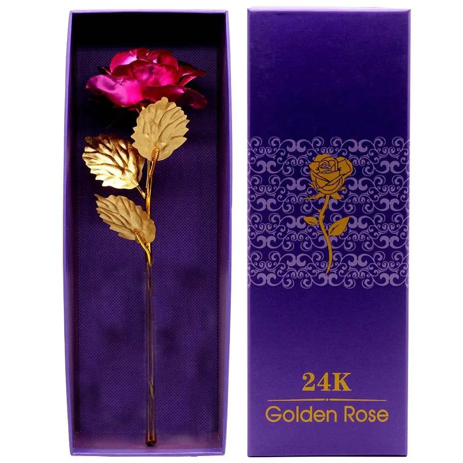 Rose éternelle Dorée à L'or Fin 24 Carats - Hauteur 28 Cm - Avec Certificat - Neuf Avec étiquettes
