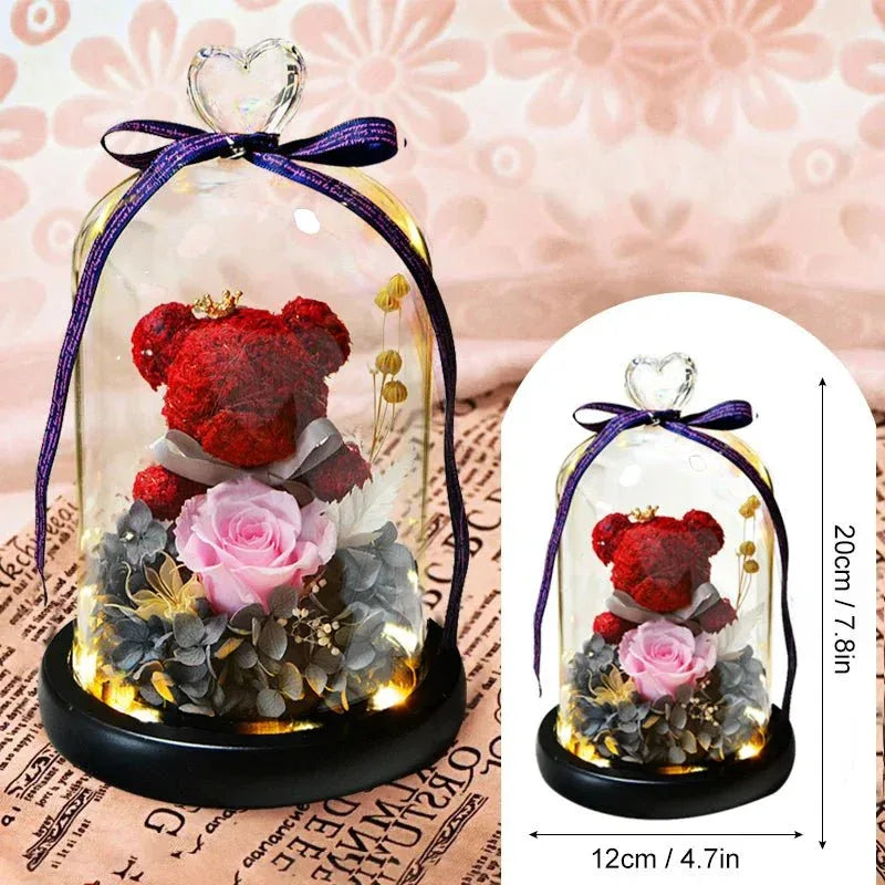 Bouquet avec Rose & Ours Bleu Sous Cloche - Rose Eternelle La Boutique