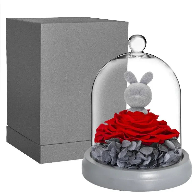 Ours et Lapin avec Rose rouge sous cloche - Rose Eternelle La Boutique