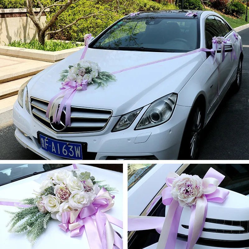 Décoration Florale Voiture de Mariage – Roses & Pivoines en Soie