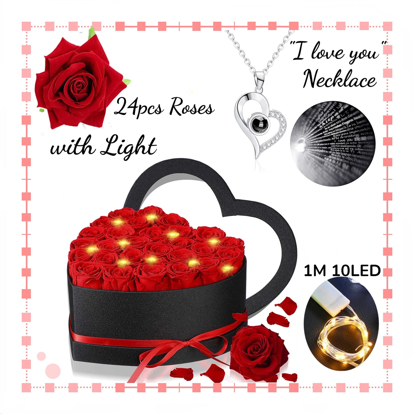 Coffret cœur 24 roses éternelles avec collier je t'aime 100 langues - vue 7