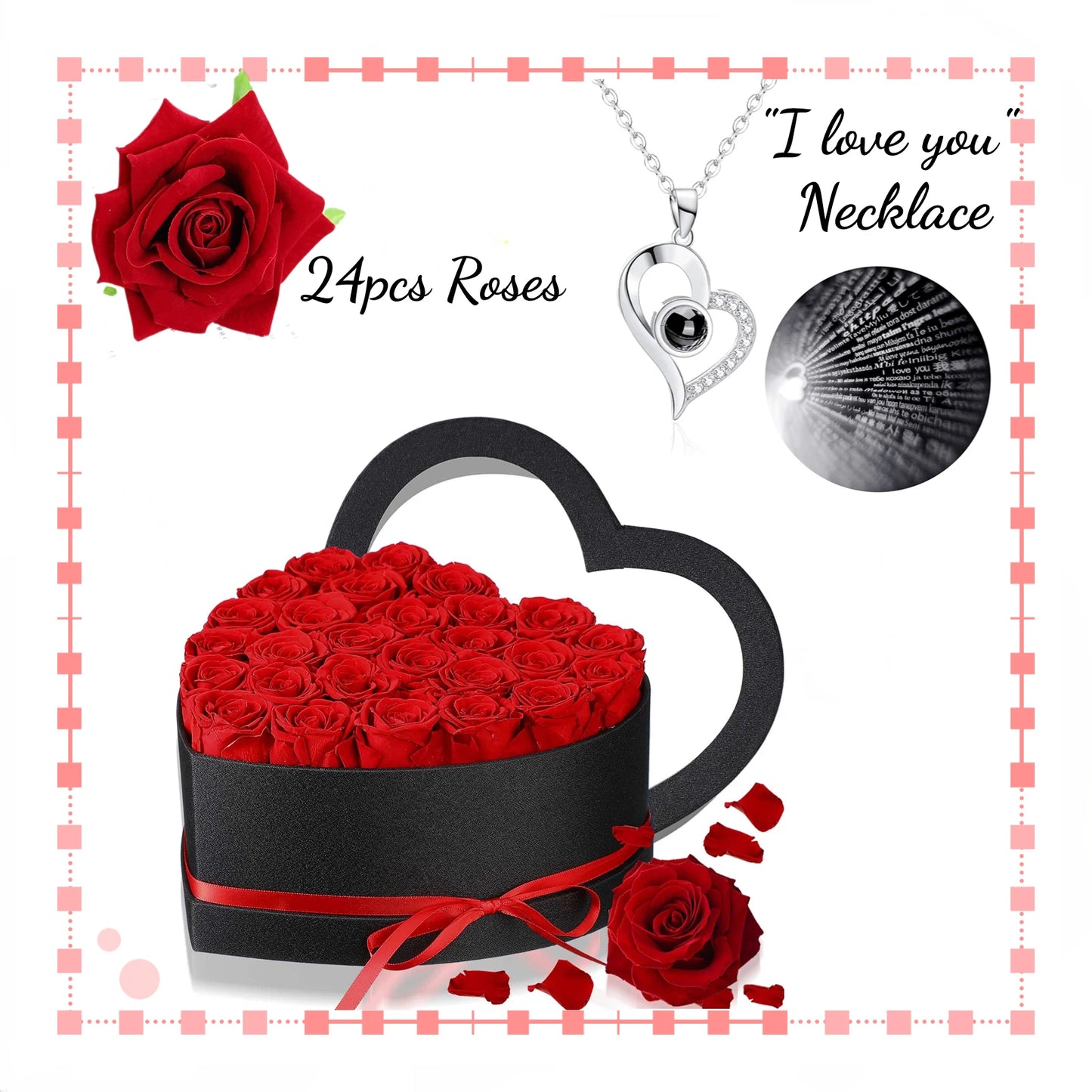 Coffret cœur 24 roses éternelles avec collier je t'aime 100 langues - vue 9