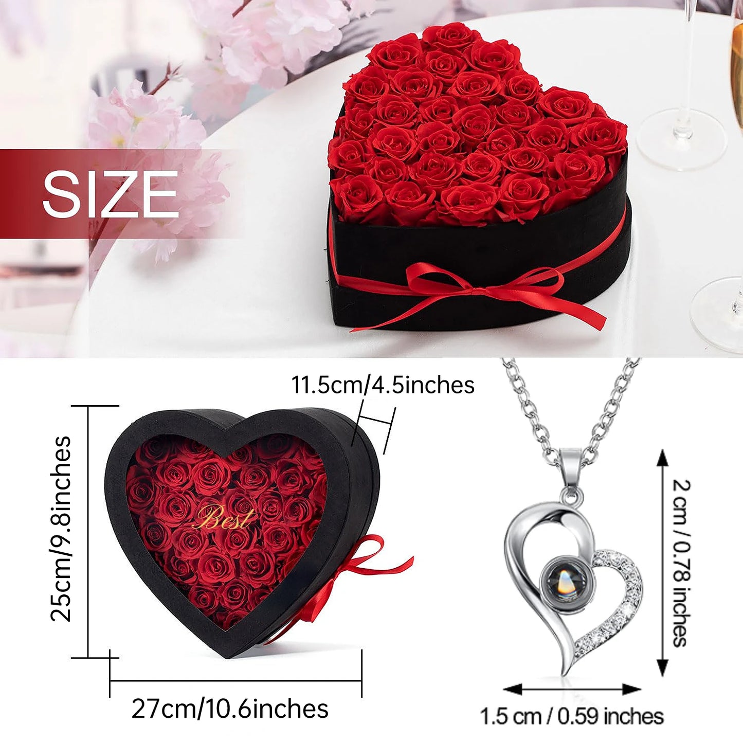 Coffret cœur 24 roses éternelles avec collier je t'aime 100 langues - vue 6