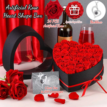 Coffret cœur 24 roses éternelles avec collier je t'aime 100 langues