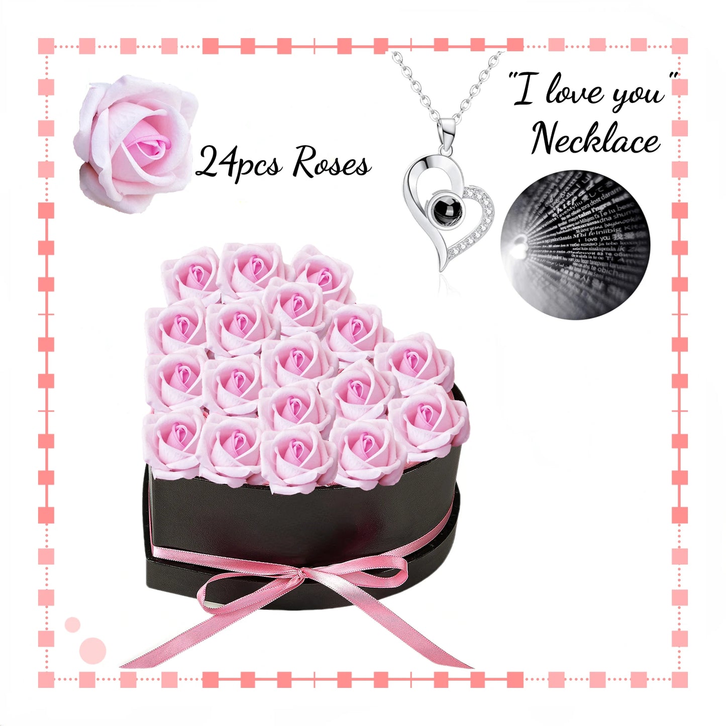 Coffret cœur 24 roses éternelles avec collier je t'aime 100 langues - vue 10