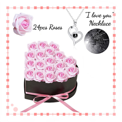 Coffret cœur 24 roses éternelles avec collier je t'aime 100 langues - vue 10