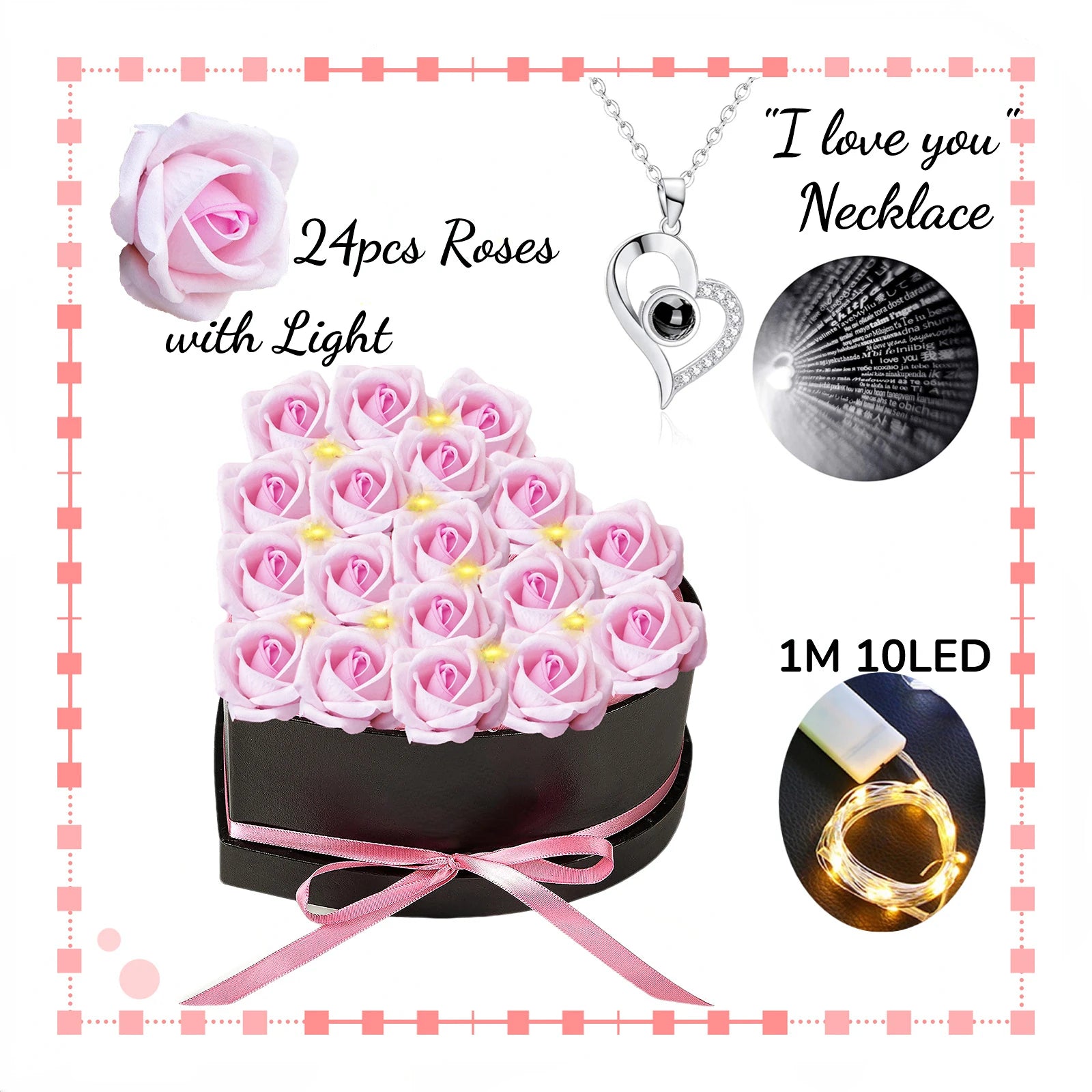Coffret cœur 24 roses éternelles avec collier je t'aime 100 langues - vue 8