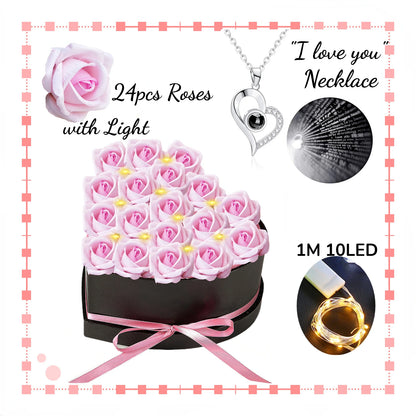 Coffret cœur 24 roses éternelles avec collier je t'aime 100 langues - vue 8