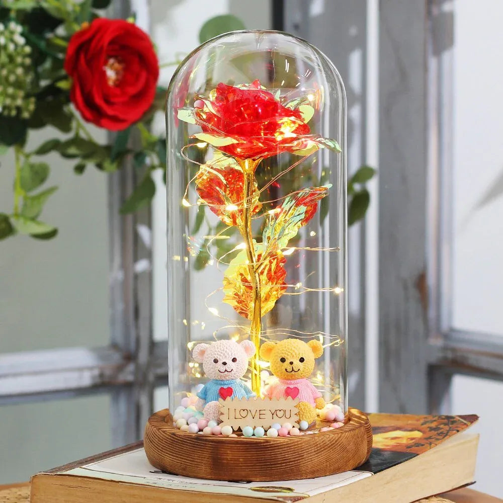 Rose Eternelle Sous Cloche Figurines Ours Or 24K - Rose Eternelle La Boutique