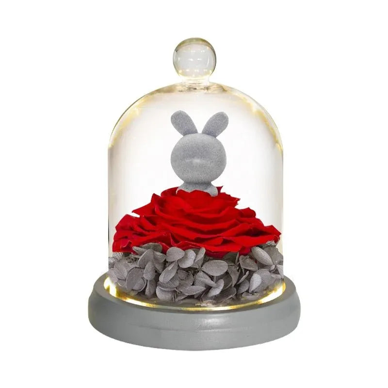 Ours et Lapin avec Rose rouge sous cloche - Rose Eternelle La Boutique