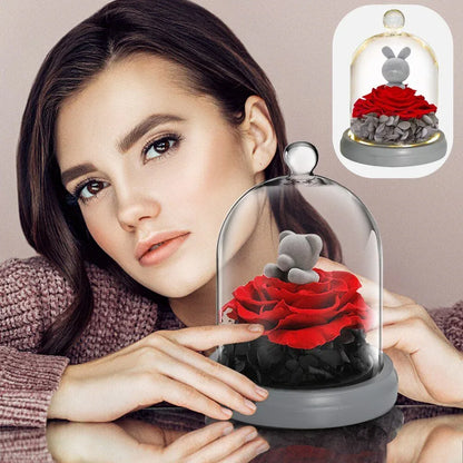 Ours et Lapin avec Rose rouge sous cloche - Rose Eternelle La Boutique