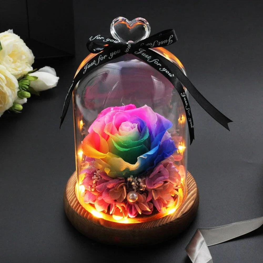 Beautiful Eternal Rose under glass dome glowing