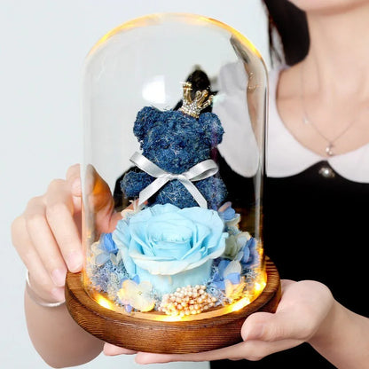 Rose Eternelle Ourson Sous Cloche (Choix de Couleurs) - Rose Eternelle La Boutique