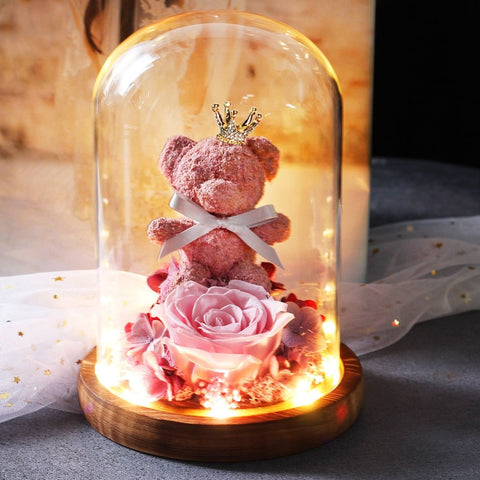 Rose Eternelle Ourson Sous Cloche Rose