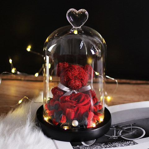 Rose Eternelle Ourson Sous Cloche & LED Rouge