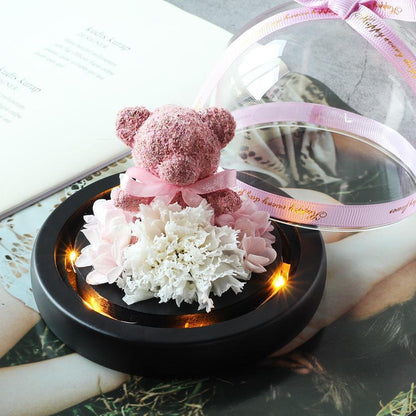 Rose Eternelle Ourson Sous Dôme (Choix de Couleurs) - Rose Eternelle La Boutique