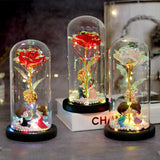 Rose Eternelle Sous Cloche Figurines Ours Or 24K