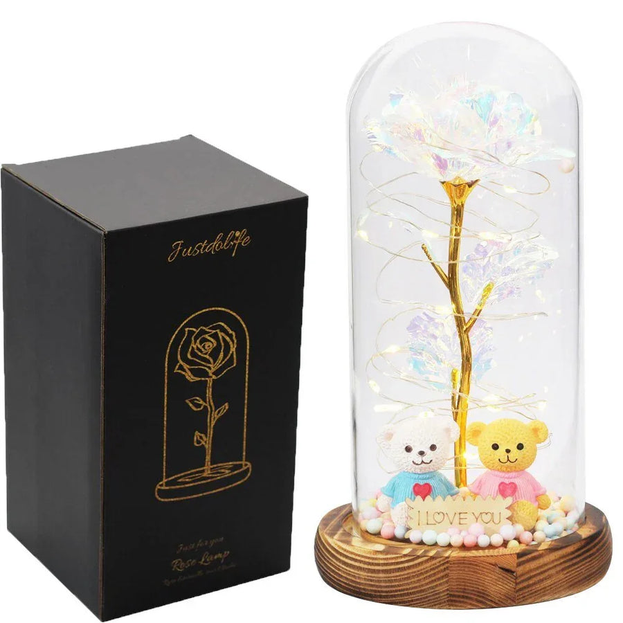 Rose Eternelle Sous Cloche Figurines Ours Or 24K - Rose Eternelle La Boutique