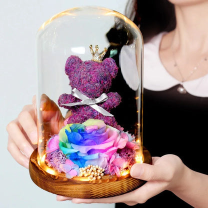 Rose Eternelle Ourson Sous Cloche (Choix de Couleurs) - Rose Eternelle La Boutique