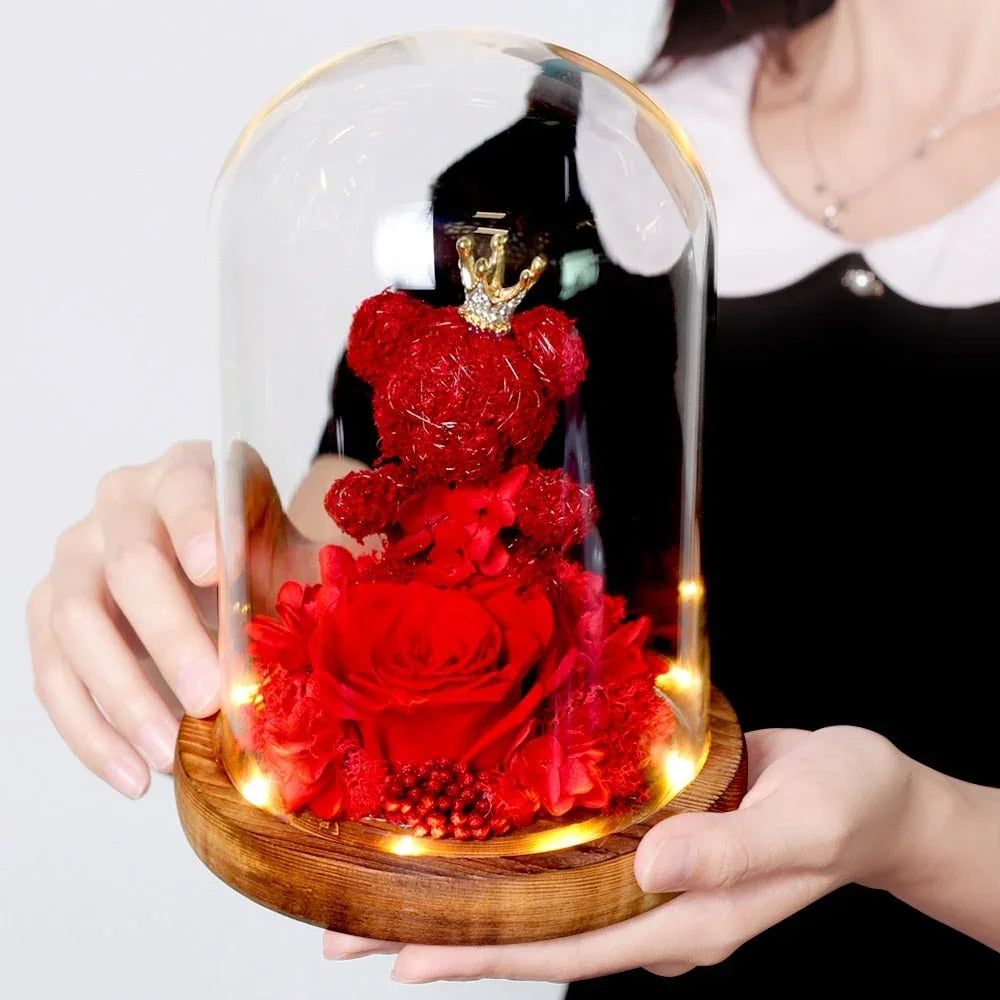 Rose Eternelle Ourson Sous Cloche (Choix de Couleurs) - Rose Eternelle La Boutique