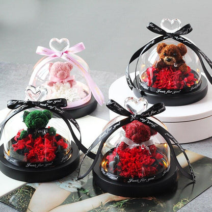 Rose Eternelle Ourson Sous Dôme (Choix de Couleurs) - Rose Eternelle La Boutique