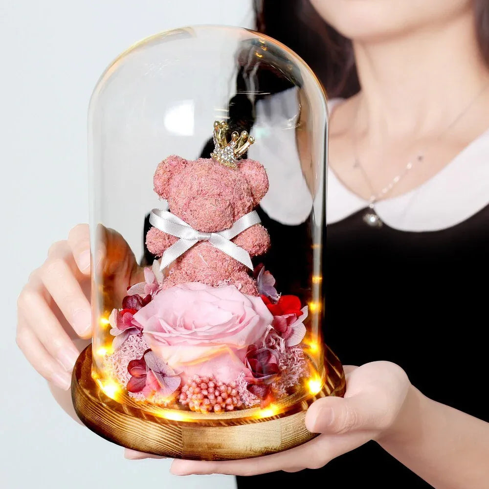 Rose Eternelle Ourson Sous Cloche (Choix de Couleurs) - Rose Eternelle La Boutique