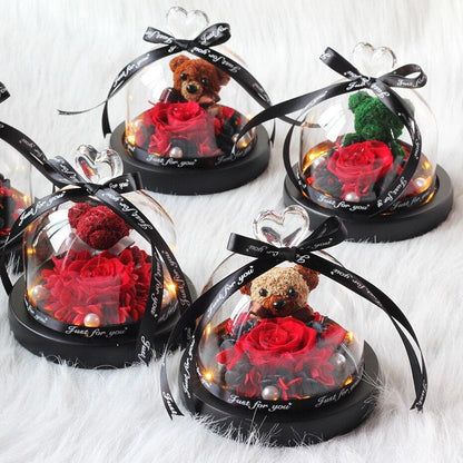 Rose Eternelle Ourson Sous Dôme (Choix de Couleurs) - Rose Eternelle La Boutique
