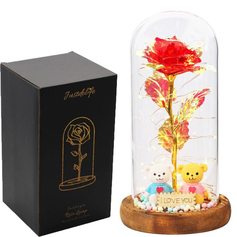 Rose Eternelle Sous Cloche Figurines Ours Or 24K