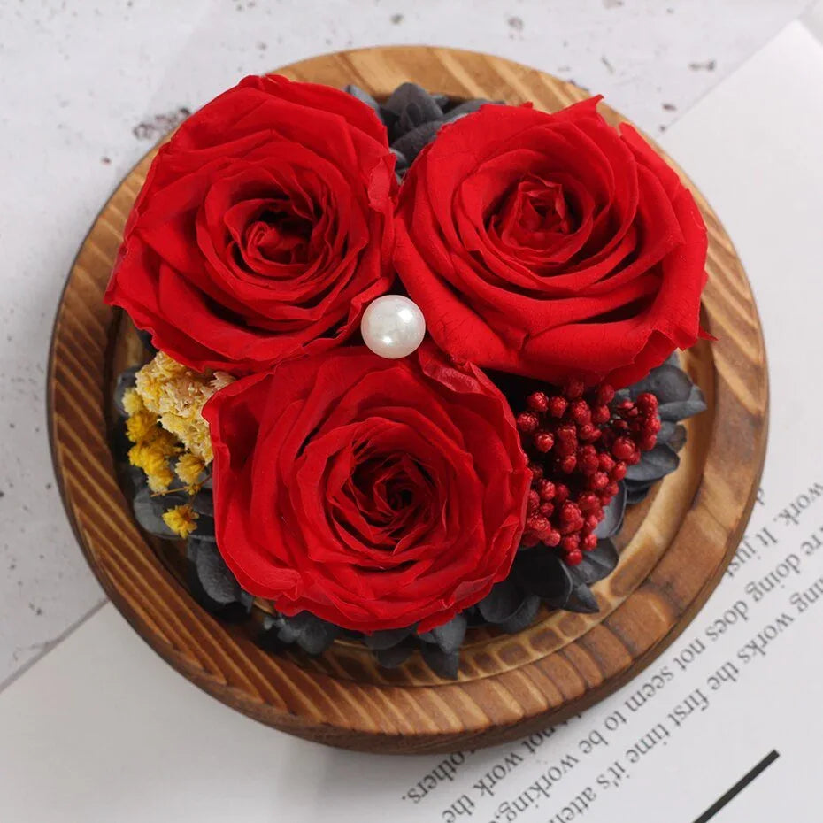 Rose Eternelle Sous Cloche (Trio de Fleurs Rouge) - Rose Eternelle La Boutique