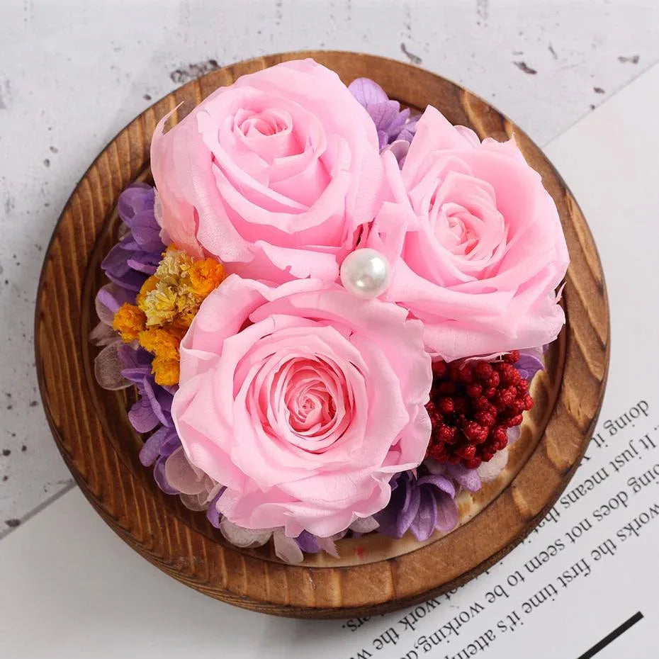 Rose Eternelle Sous Cloche (Trio de Fleurs Rose) - Rose Eternelle La Boutique