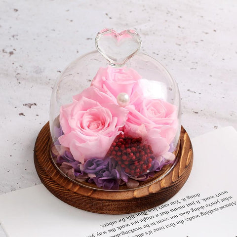 Rose Eternelle Sous Cloche (Trio de Fleurs Rose)