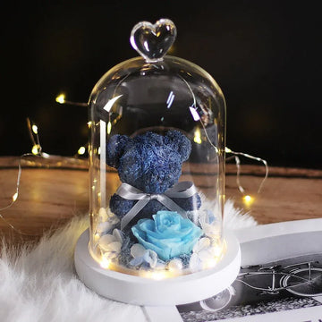 Rose Eternelle Ourson Sous Cloche & LED Bleu - Rose Eternelle La Boutique