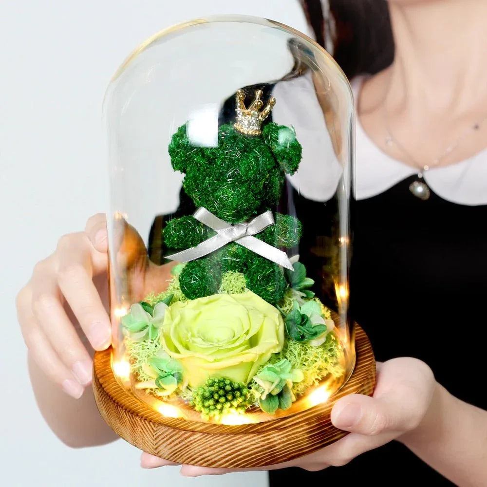 Rose Eternelle Ourson Sous Cloche Vert - Rose Eternelle La Boutique