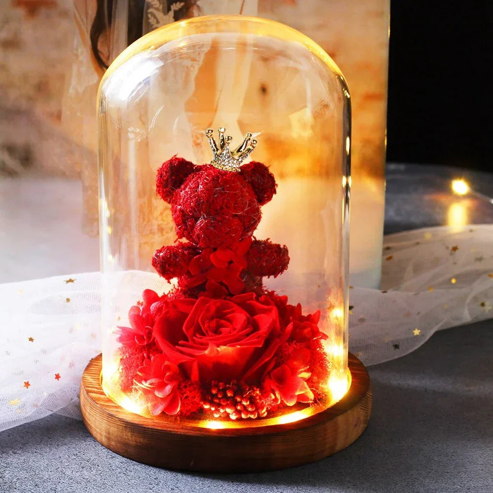 Rose Eternelle Ourson Sous Cloche (Choix de Couleurs) - Rose Eternelle La Boutique