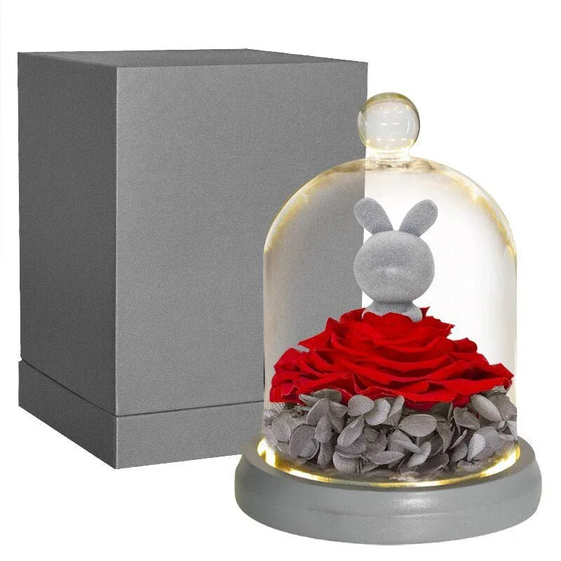 Ours et Lapin avec Rose rouge sous cloche - Rose Eternelle La Boutique