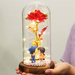 Rose Eternelle Sous Cloche Figurines Ours Or 24K