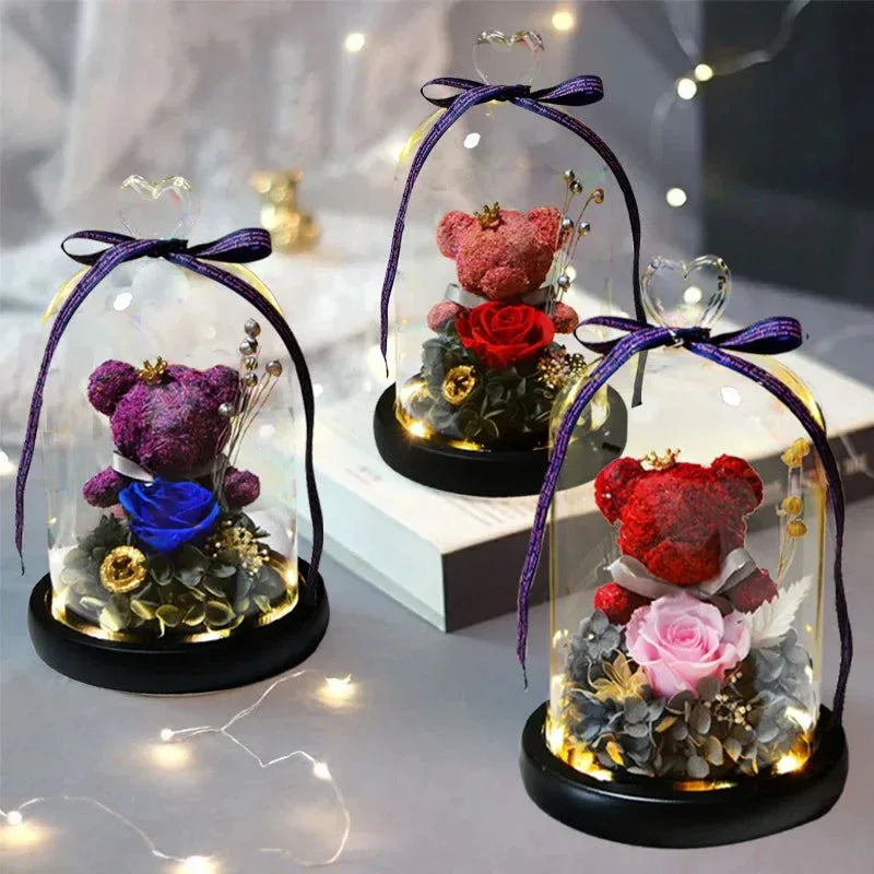 Bouquet avec Rose & Ours Bleu Sous Cloche - Rose Eternelle La Boutique