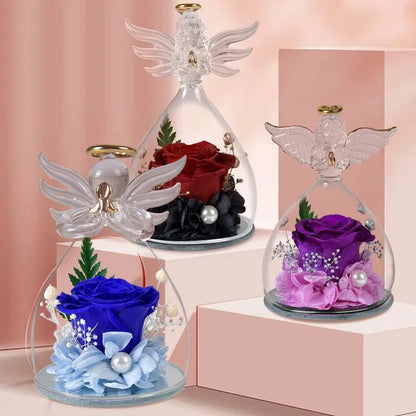 Angel & Eternal Rose Under Glass Dome | Red