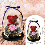 Bouquet avec Rose & Ours Vert Sous Cloche